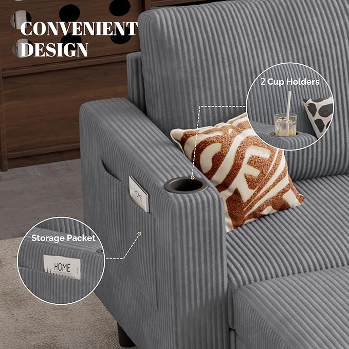 Upholstered Sectional Sofa and Couches, 78'' L Shaped 3-seat Sofa for Living Room, Apartment, Lounge,Bedroom-Washable Covers Convertible Sofas(Corduroy,Light Gary)