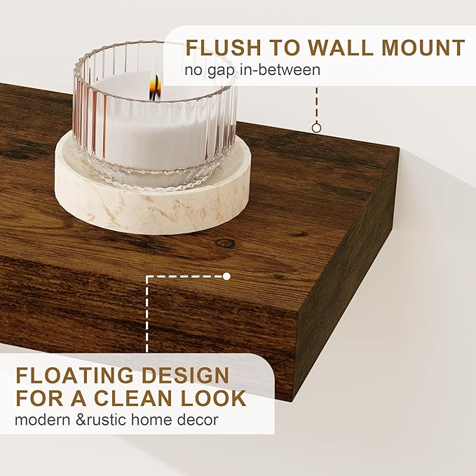 Fun Memories 66 Inch Fireplace Mantel - Long Floating Shelf, Wall Mounted Farmhouse Display with Invisible Heavy Duty Metal Bracket, Brown, 2 Pack