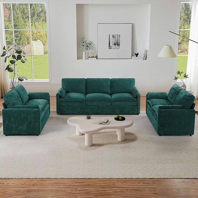 3 Pieces Chenille Sofa Set w/Arm Pillows, Upholstered 2 Pieces Loveseat & 3 Seater Sofa w/Comfortable Back Cushions, Modern 2-Seat & 3-Seat w/High-Density Foam for Living Room, Teal