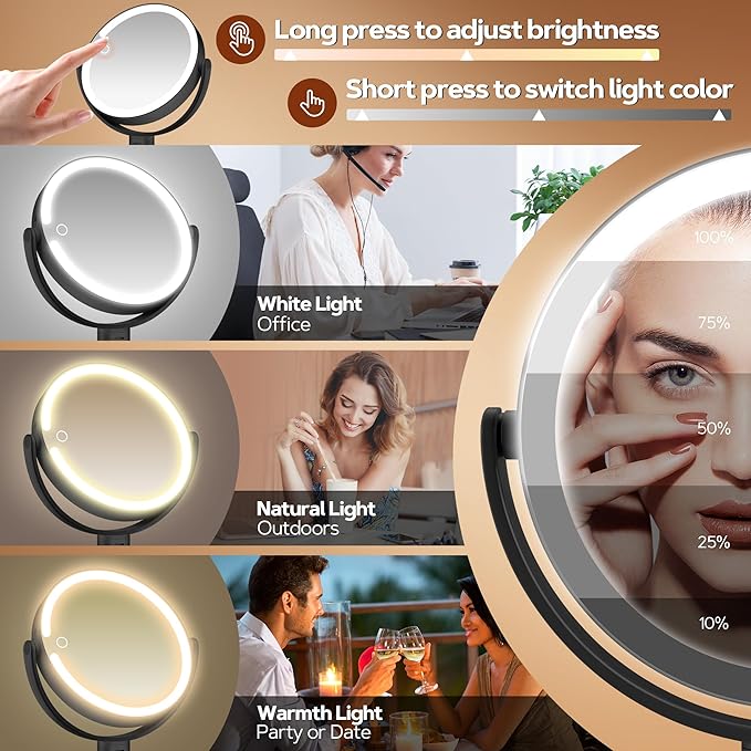 B Beauty Planet Makeup Mirror with Lights, Lighted Magnifying Mirror 30X with 3 Lighting and Adjustable Brightness, 2-Sided Height Adjustable Vanity Mirror for Bathroom, Gifts for Women Black