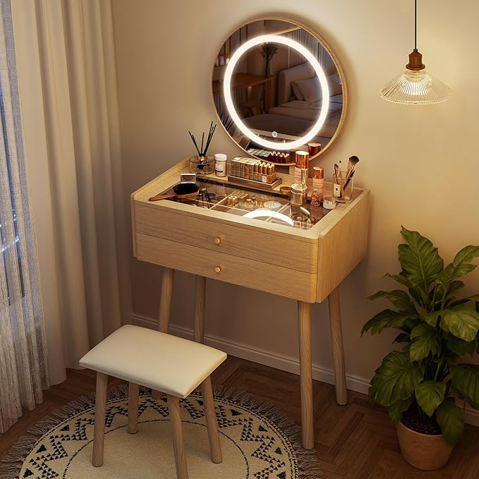 Small Vanity Desk with Mirror and Lights, Metal Handles with Cushioned Stool, 3 Lighting Modes Round Makeup Table with Glass Top, Compact Vanity for Small Spaces with 6-Grid Organizer, Natural Oak