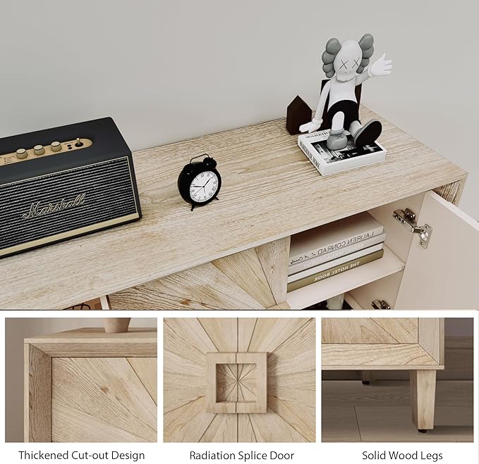 60'' Rustic Large Sideboard with 4 Doors and Adjustable Shelves, Heavy-Duty Antique Wood Entryway Console Table TV Stand for Living Room Dining Room (Antique Natural-10.2)