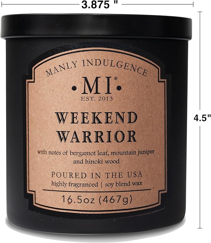 Manly Indulgence Weekend Warrior Scented Candles for Men, 2 Wick, 16.5 oz Premium Soy Blend Wax, 60H Burn, Candles for Home Scented - Made in The USA
