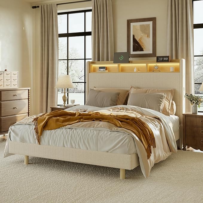FLEXISPOT Queen Platform Bed Frame with 51" Tall Upholstered Corduroy Headboard, Two-Tier Storage Shelves, LED Light & Charging Station, Remote Pocket, No Box Spring Needed,1100Ibs Heavy-Duty, Beige