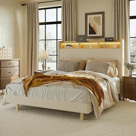 FLEXISPOT Queen Platform Bed Frame with 51" Tall Upholstered Corduroy Headboard, Two-Tier Storage Shelves, LED Light & Charging Station, Remote Pocket, No Box Spring Needed,1100Ibs Heavy-Duty, Beige