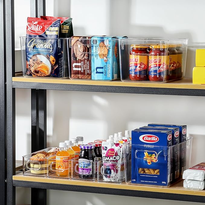 Clear Storage Bins 8 Pack for Fridge,4 Large Plastic Pantry Organizer Bins and 4 Small Stackable Storage Containers for Home Edit, Kitchen, Freezer, Bathroom, Under Bed, Vanity Drawers