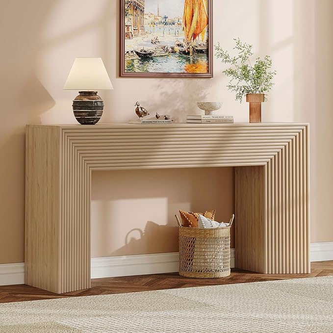 55-Inch Wood Entryway Table with Storage, Narrow Long Sofa Table Behind Couch, Fluted Console Table for Entryway, Hallway, Living Room, Accent Table for Decoration and Organization, Natural Wood