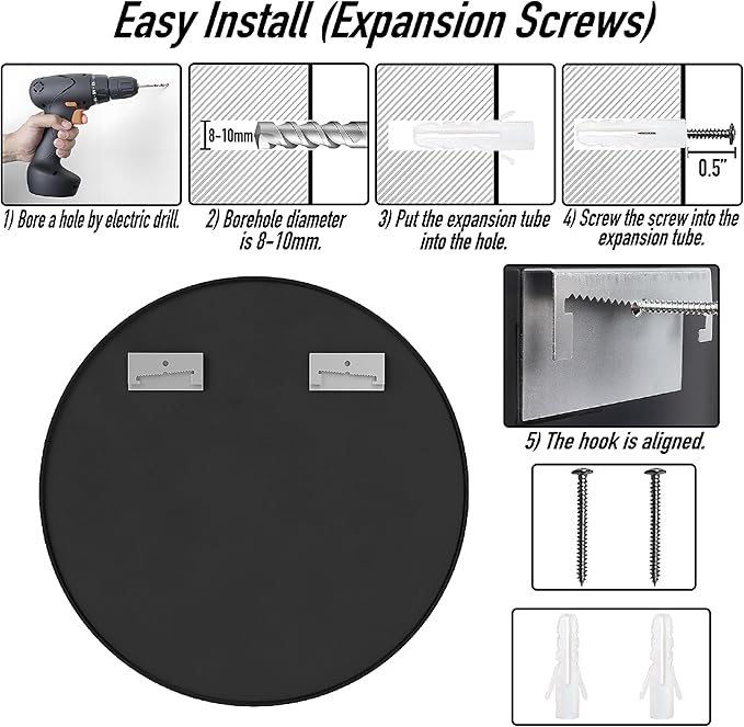 24" Round Mirror Circle Wall Mounted Hanging or Against Wall Aluminum Alloy Metal Frame Dressing Make-up Mirrors for Entryway Bedroom Bathroom Living Room 24 inch Black