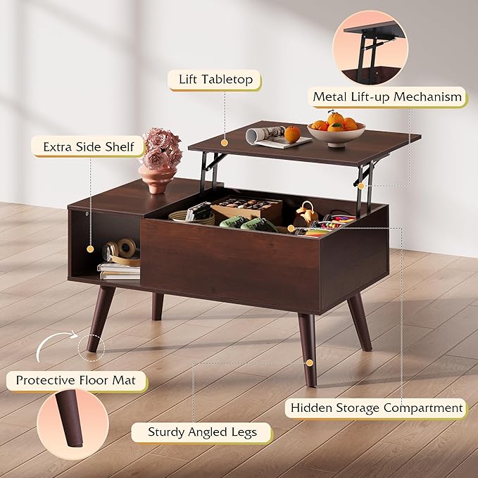 WLIVE Coffee Table for Living Room, Small Coffee Table with Storage, Lift Top Modern Wooden Dining Center Table with Storage Shelf & Hidden Compartment, 31.5" Espresso