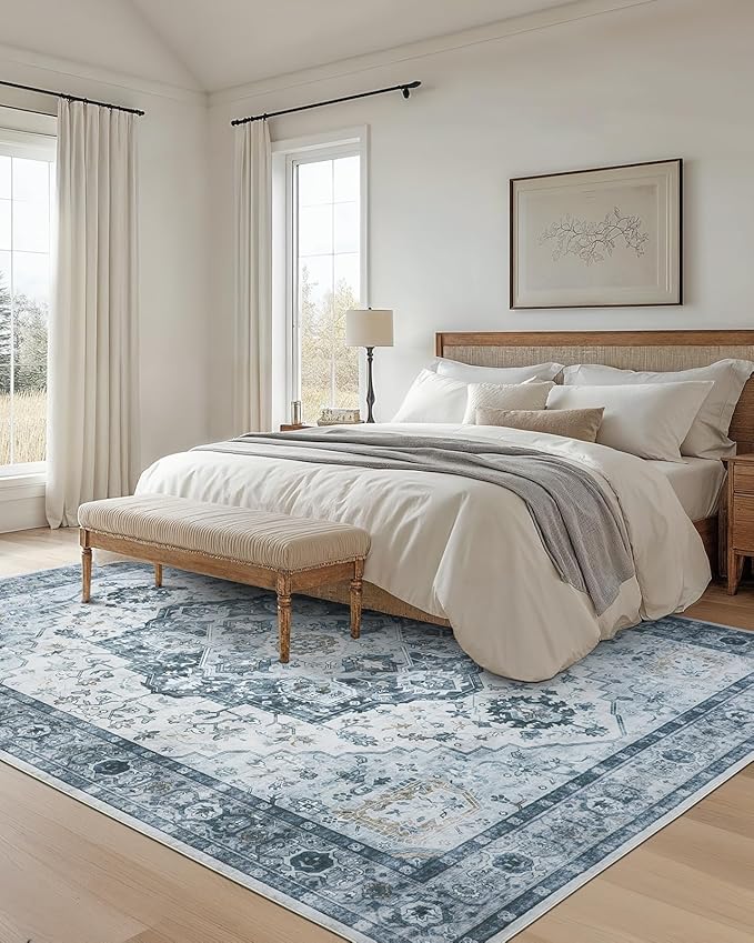 AMADA HOMEFURNISHING 8x10 Area Rug, Washable Low-Profile Large Area Rug with Non-Slip Backing & Durable Edge Binding, Vintage Large Rugs for Living Room, Bedroom