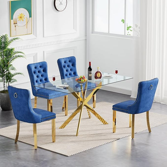 Goujxcy Glass Dining Table Set for 4, Modern Kitchen Table and Chairs Set of 4, 5-Piece Kitchen Dining Room Table Set w/51 Glass Gold Dining Table and 4 Blue Velvet Upholstered Chairs