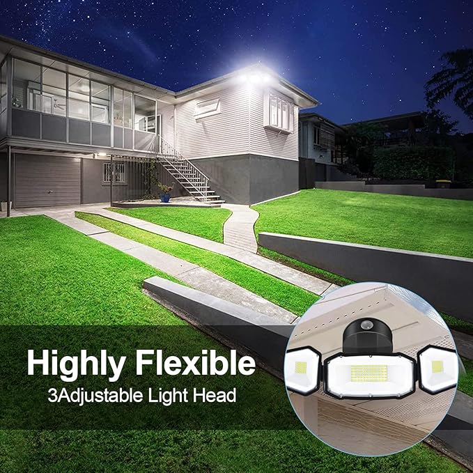 Outdoor Security Light, 5000LM Super Bright Flood Lights, 270° Wide Angle Exterior Lights with 3 Adjustable Heads, IP65 Waterproof, 5000K Wall Mount Aluminum Light for Porch, Garage, Backyard
