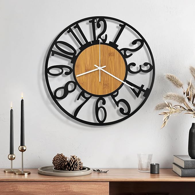 Maxstar Wall Clock Battery Operated,Silent Non-Ticking Modern Rustic Metal Round Clocks Small for Living Room/Bedroom/Office/Kitchen/Farmhouse Home Decor-14 Inch(Yellow-Wood)