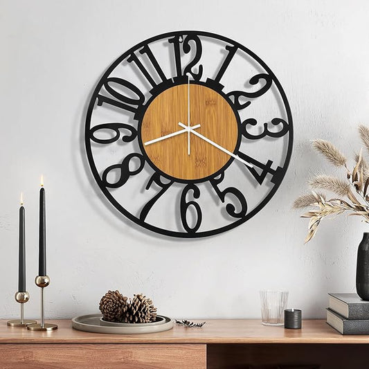 Maxstar Wall Clock Battery Operated,Silent Non-Ticking Modern Rustic Metal Round Clocks Small for Living Room/Bedroom/Office/Kitchen/Farmhouse Home Decor-14 Inch(Yellow-Wood)