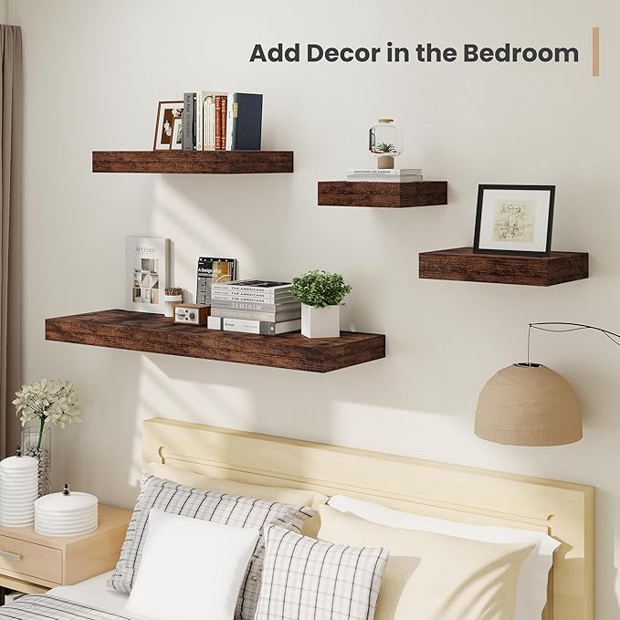 Heimlove 12 Inch Deep Floating Shelves, 16 x 12 inches Long Wall Shelf, Large Extra Display Shelf & Storage Shelf, Rustic Wood Wall Shelves for Fireplace Mantel, Brown - 2Pack