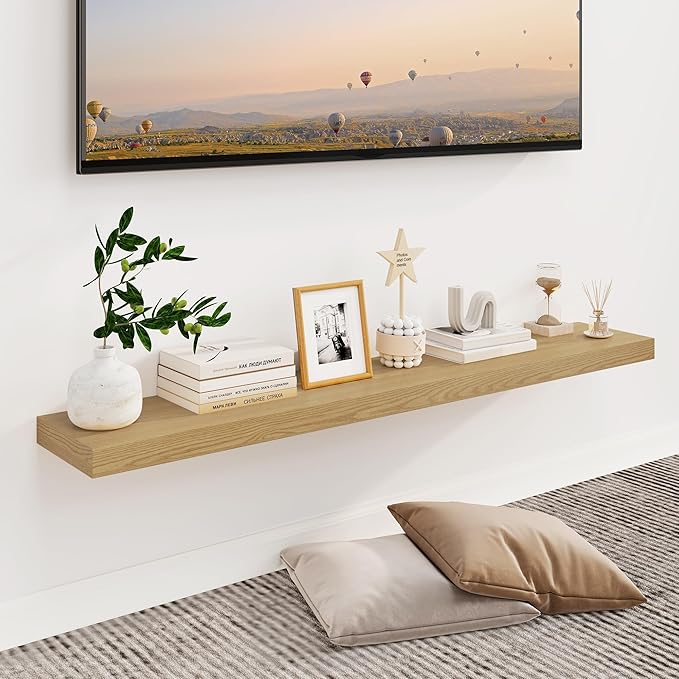 Fun Memories Floating Shelves for Wall, 48Inch Floating Shelves Set of 2, Hanging Shelf with Invisible Brackets, Wood Shelves for Living Room, Bedroom, Kitchen, Oak