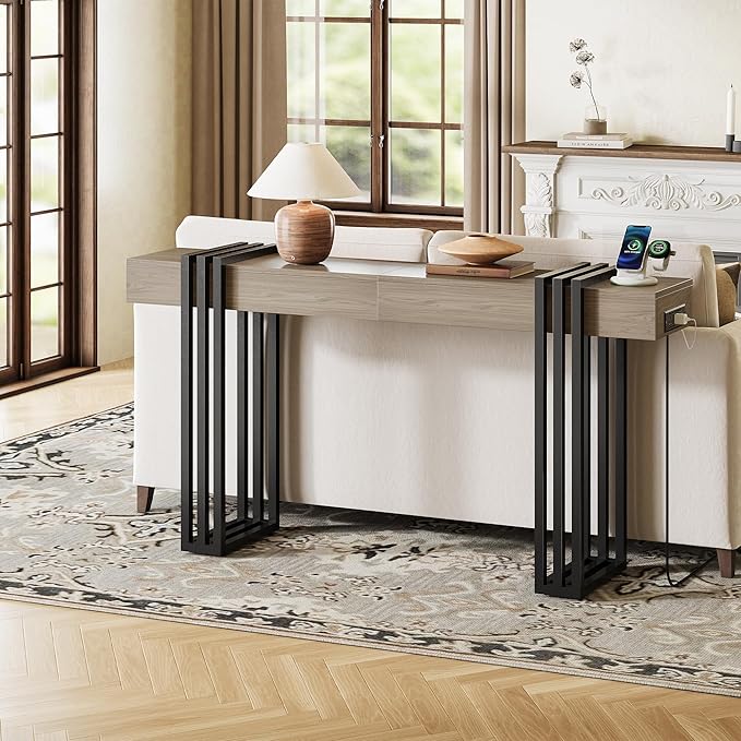 63" Long Console Table for Entryway - Behind Couch Table for Living Room, Wood Sofa Tables with Black Parallel Metal Frame & Power Outlet for Hallway, Entrance, Narrow Foyer, Light Walnut