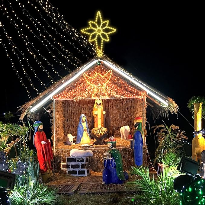 43"x32" Extra Large Christmas Bethlehem Star Shaped Lights Outdoor Window 125 LED Christmas Star Plug Operated Lights Nativity Holy with Timer and 8 Functions for Xmas Holiday Party Decor