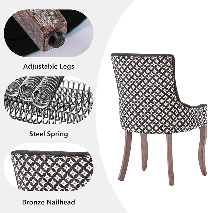 Farmhouse Dining Chairs Set of 2, Upholstered Fabric Dining Room Accent Chairs with Wood Legs & Bronze Nailhead, High Wingback Kitchen Chairs for Living Room Hotel Apartment, Black