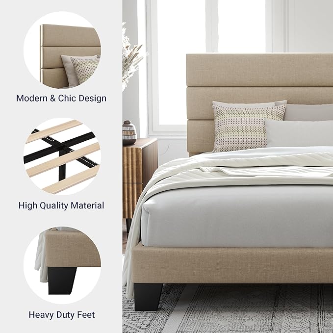 Allewie King Size Platform Bed Frame with Fabric Upholstered Headboard and Wooden Slats Support, Fully Upholstered Mattress Foundation/No Box Spring Needed/Easy Assembly, Beige