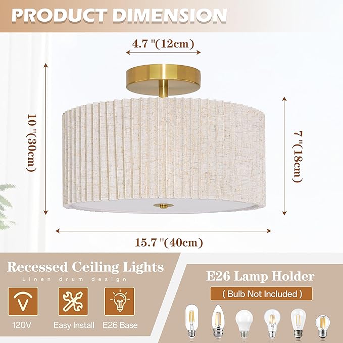 3-Light Semi Flush Mount Lights Fixture Drum Ceiling Light with Pleated Fabric Shade Gold Semi Flush Mount Ceiling Lights 15.7 Inch Close to Light Fixtures for Living Room Hallway