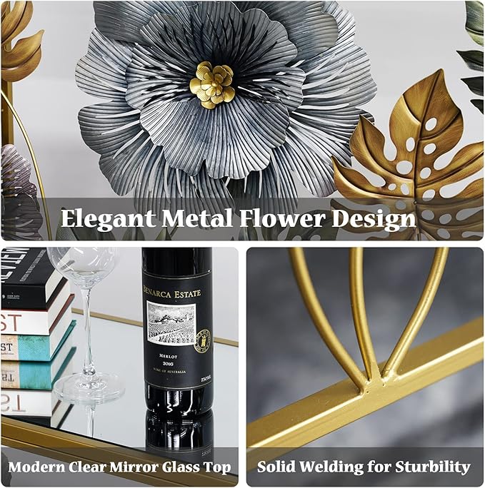 Console Table, Vintage Art Sofa Table with Metal Flower Decor, Narrow Entryway Tables with Glass Mirror Tabletop Behind Sofa, Narrow Accent Table for Entryway Living Room Hallway Bedroom