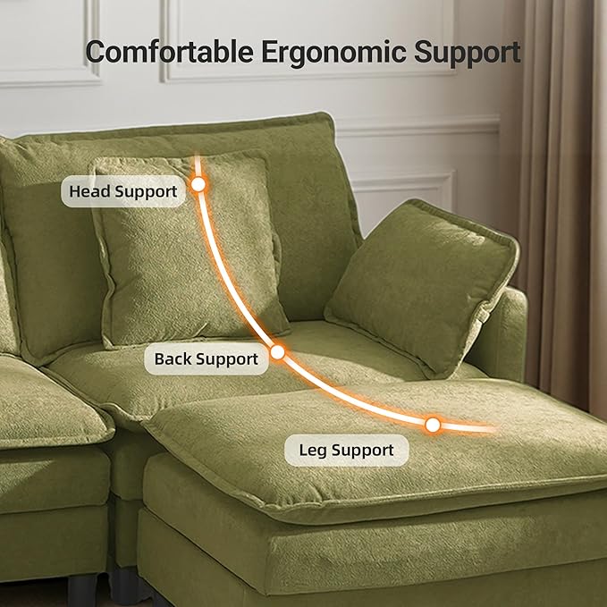 Claiks 110" Modular Sectional Sofa, Cloud Couch with Ottoman, U-Shaped 5-Seater Sofa in Chenille Fabric, Deep Seat Comfy Couch with Pillows for Living Room & Offices, Green