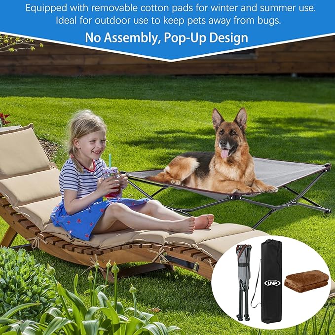unp Outdoor Lifted Dog Bed - Pop up Dog Cot Bed for Medium Dogs, Washable Plush Cover & Carrying Bag - 26.7 x 26.7 x 10 inch Dog Camping Chair for Lawn (Brown, M)