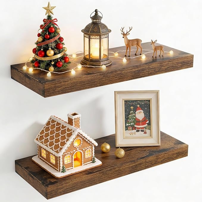 24 Inch Floating Shelves for Wall, 8 Inch Deep Floating Shelf for Storage & Display, Wall Mounted Shelf with Invisible Brackets for Living Room, Kitchen, Bathroom, Home Decor, Set of 2, Rustic Brown
