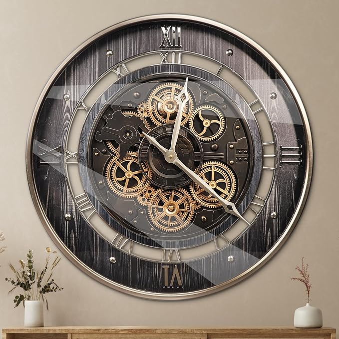 HOIBAI Wall Clock, 24 Inch Moving Gears Clock Large Wall Clock for Living Room Decor Rustic Vintage Industrial Steampunk Farmhouse Big Clock for Home Kitchen Bedroom Office