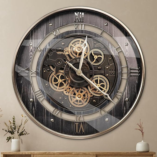 HOIBAI Wall Clock, 24 Inch Moving Gears Clock Large Wall Clock for Living Room Decor Rustic Vintage Industrial Steampunk Farmhouse Big Clock for Home Kitchen Bedroom Office