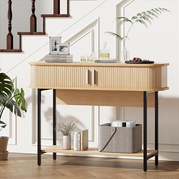 40" Mid Century Modern Entryway Table, Ultra Slim Fluted Console Table with Storage & Sliding Doors, Modern Round Corner Sofa Table, Wooden Entry Table for Hallway, Living Room, Natural