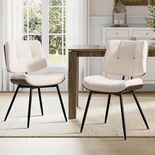 Dining Chairs Set of 2,Mid Century Modern Kitchen Chairs with Walnut Bentwood Back and Metal Legs,Upholstered Fabric Dining Room Chairs for Kitchen, Living Room,Beige