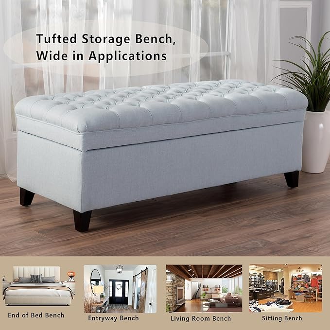 Setawix Linen Storage Benches, 50" Bed End Bench with Storage, Tufted Light Blue Ottoman Bench for Living Room, Rectangle Entryway Benches with Storage and Seating (Light Blue)