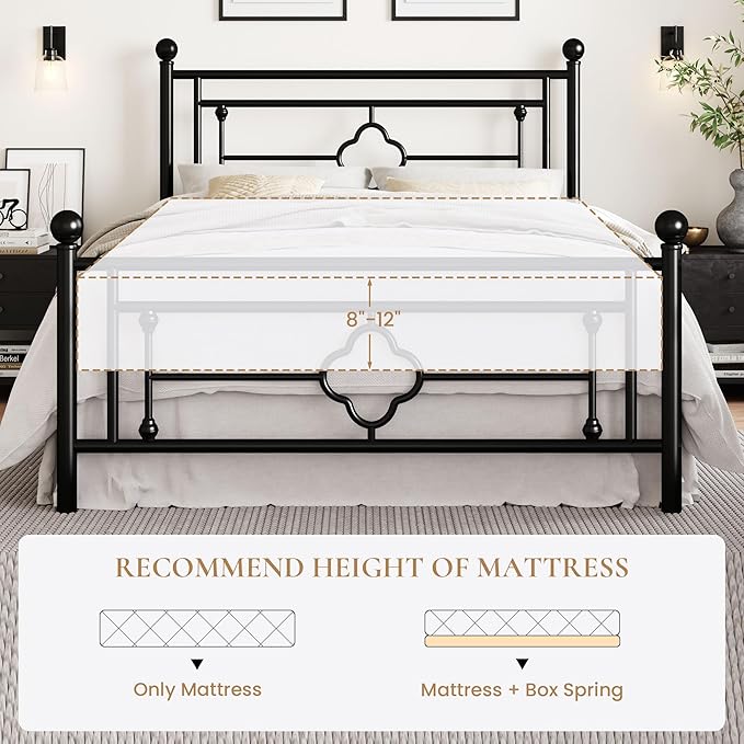 SHA CERLIN 14 Inches Full Size Metal Platform Bed Frame/Vintage Iron-Art Headboard and Footboard/Mattress Foundation for Storage/No Box Spring Needed/Noise-Free/Easy Assembly/Black