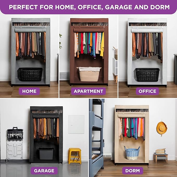 HOLDN’ STORAGE Portable Wardrobe Closet - 50 lb Capacity, Internal Heavy Duty Metal Rod, Zipper & Clear Window, Durable Clothes Organizer, Tool-Free Easy Assembly, Dark Gray Canvas Cover