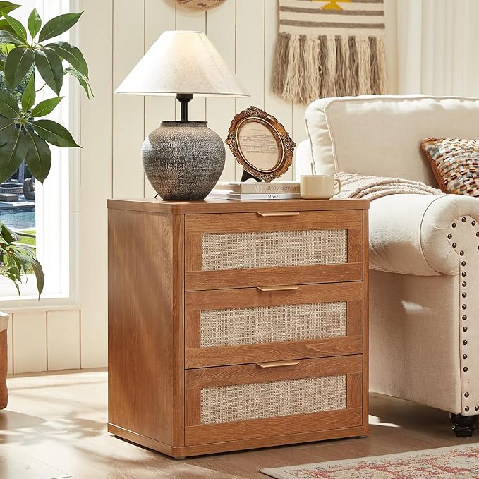 LEYAOYAO Boho Rattan Coffee Table and End Table Sets, 48" Wide Center Tables & 23" Night Stand with 3 Drawers, Brown Wood Coffee Table for Living Room 3 Piece Set
