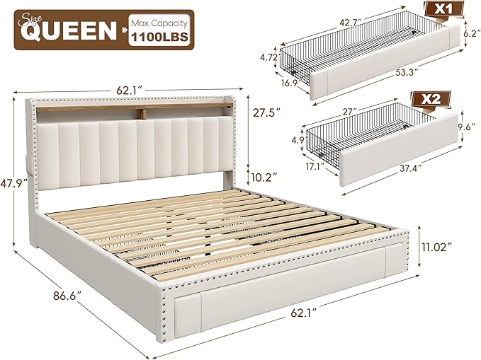EnHomee Queen Size Bed Frame, Upholstered Queen Bed Frame with 3 Storage Drawers & 2-Tier Headboard Shelves, 1100LBS Heavy Duty, No Box Spring Needed, Easy Assembly, Beige