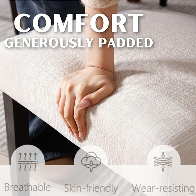 Rattan Dining Chairs Set of 6, Modern Dining Chair Kitchen Dining Room Chair, Curved Cane Back Upholstered Linen Fabric Dining Chair with Black Wood Frame, Beige