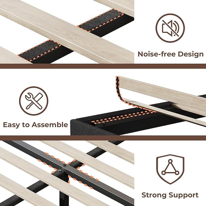 King Size Bed Frames with Upholstered Headboard, Modern Platform Bed with Charging Station and Led Lights, Bed Frame with Sturdy Wooden Slats/No Box Spring Needed/2-Tier Storage, Grey