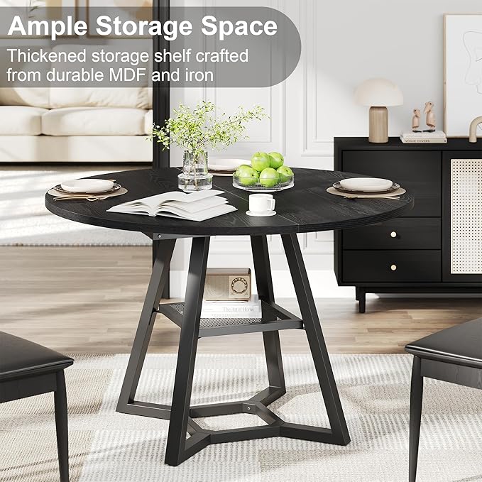 Round Dining Table for 4, Kitchen Tables Dining Room Circle Dinner Table with Pedestal Metal Frame, Space Saving Wood Industrial Kitchen & Dining Room Tables, Black 47In