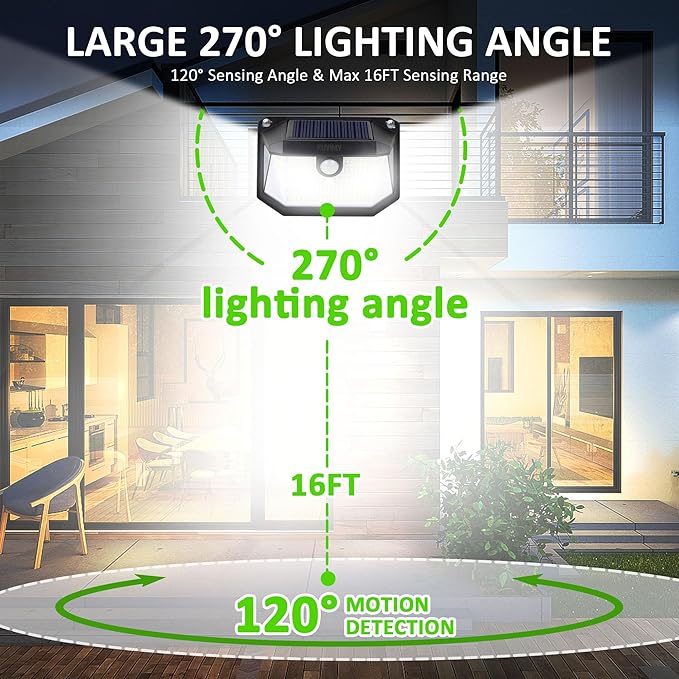 Solar Outdoor Lights, 230 LED with Motion Sensor and 3 Modes, IP65 Waterproof, 270° Wide Angle Light, Easy-to-Install Intelligent Security Wireless Wall Lights for Porch, Garage, Yard(4 Pack)