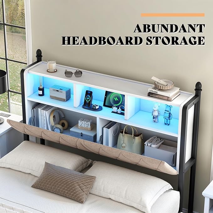 AMERLIFE Queen Bed Frame with Bookcase Headboard & 4 Storage Drawers, Wooden Platform Bed with Charging Station and LED Light, No Box Spring Needed/Noise-Free, White