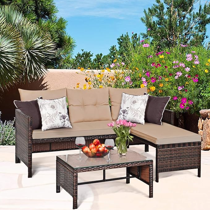 Tangkula Patio Corner Sofa Set 3 Piece, Outdoor Rattan Sofa Set, Includes Lounge Chaise, Loveseat & Coffee Table, Patio Garden Poolside Lawn Backyard Furniture