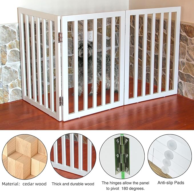 ZJSF Freestanding Indoor Dog Gate for House Foldable Wood White Puppy Gate for Doorways Pet Gate for Stairs Extra Wide Pet Fence 24" Height 3 Panels