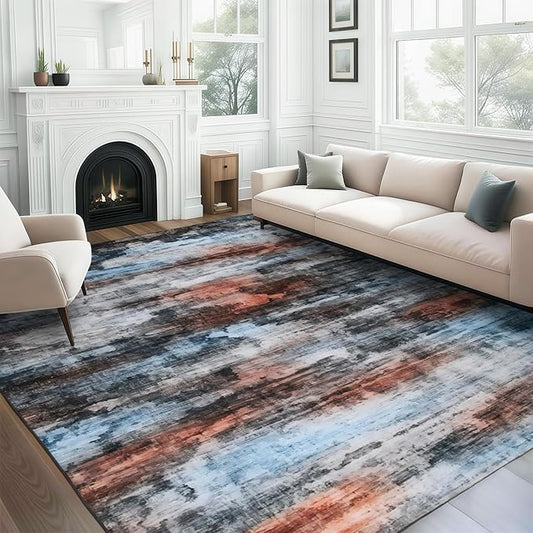 WILLSUN Washable Area Rugs, 9x12 Non-Slip Boho Large Area Rugs for Living Room, Bedroom, Machine Washable Vintage Rug, Indoor Floral Print Carpet for Home Decor, Kid & Pet Friendly Mat