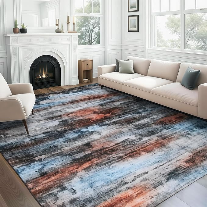 WILLSUN Washable Area Rugs, 8x10 Non-Slip Boho Large Area Rugs for Living Room, Bedroom, Machine Washable Vintage Rug, Indoor Floral Print Carpet for Home Decor, Kid & Pet Friendly Mat