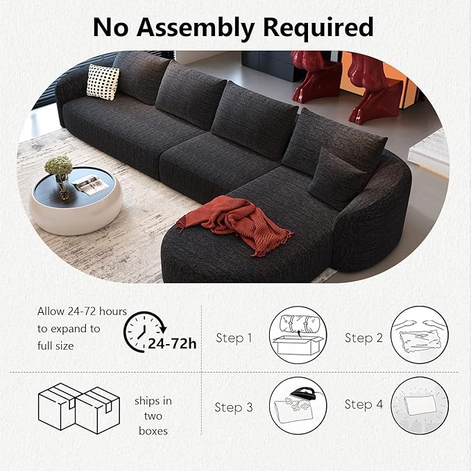138.6" Modular Sectional Couches Luxury Modern Curved Back Sofa,Minimalist Comfy L-Shape Boneless Cloud Couch for Living Room Apartment,(Right Facing Chaise,Black)