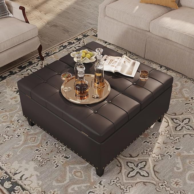 Square Leather Ottoman with Storage, Faux Leather Coffee Table with Lift Top,Large Upholstered Footrest Stool Toy Box Storage Bench for Bedroom Living Room, Chocolate
