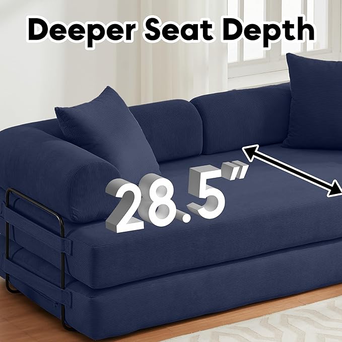Convertible Sleeper Sofa Bed with Cylindrical Pillow, Corduroy Folding Boneless Couch with Fixed-Shape Frame, Floor Sofa Lounge Couch for Living Room Bedroom Lounge Studio-Blue